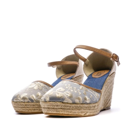 Sandales Compensées Bleu/Fleurs Femme Beppi