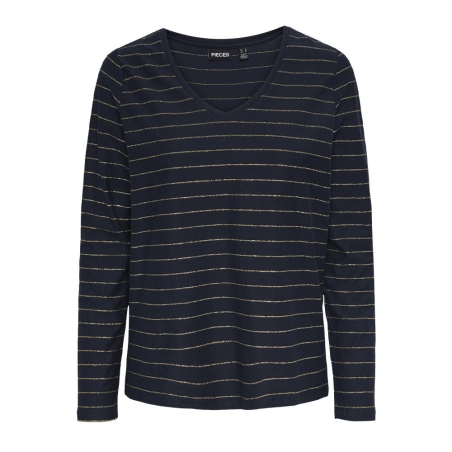 T-shirt Manches Longues Marine/Doré Femme Pieces Milona