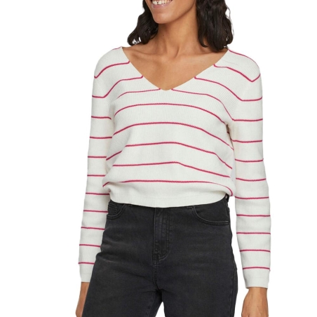 Pull Blanc/Rouge à Rayures Femme Vila Chao